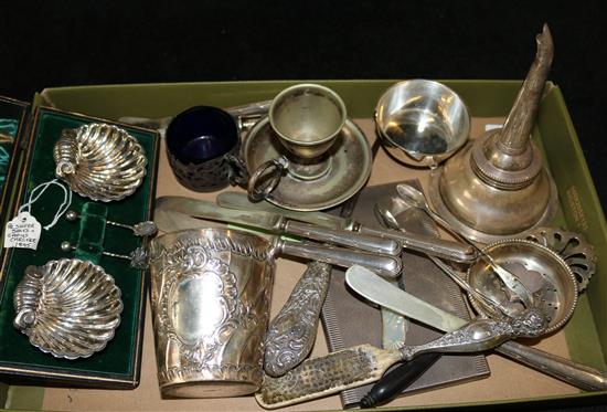 Silver (two salt cellars with spoons, mother of pearl knife, tea strainer, & sugar tongs), cigarette case, etc